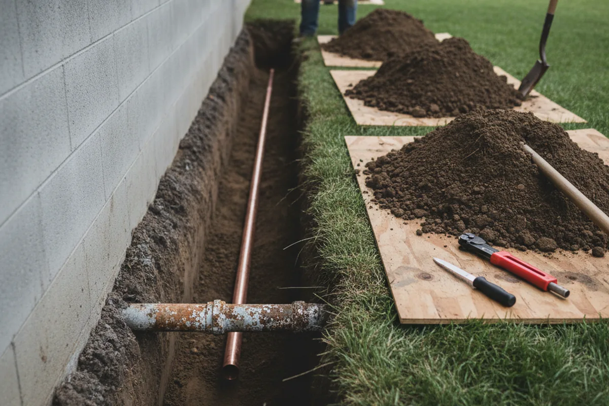 Excavated water line trench during Water Heater Repair in La Grange Park